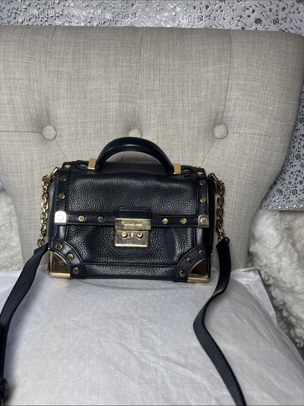 Michael Kors Black Pebbled Leather Satchel with Gold Hardware